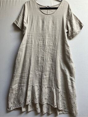 Rosemarine Beige 100% Linen Midi Dress Eyelet Hem M